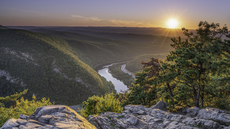 Delaware Water Gap Recreation Area viewed at sunset from Mount Tammany in New Jersey
