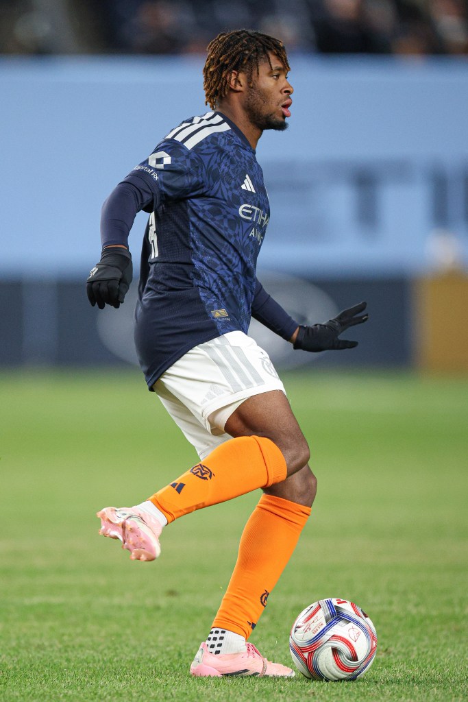 New York City FC defender Tayvon Gray controlling the ball during the second half.