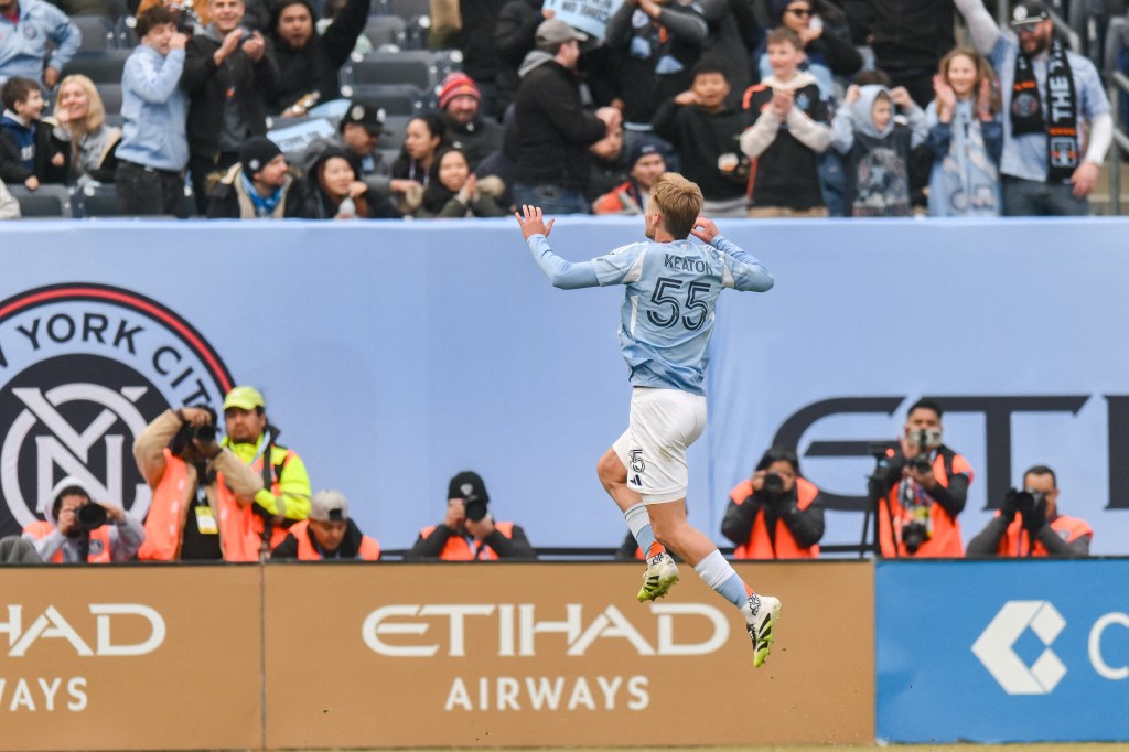 New York City midfielder Keaton Parks (55) reacts after scoring his second goal against Orlando City.