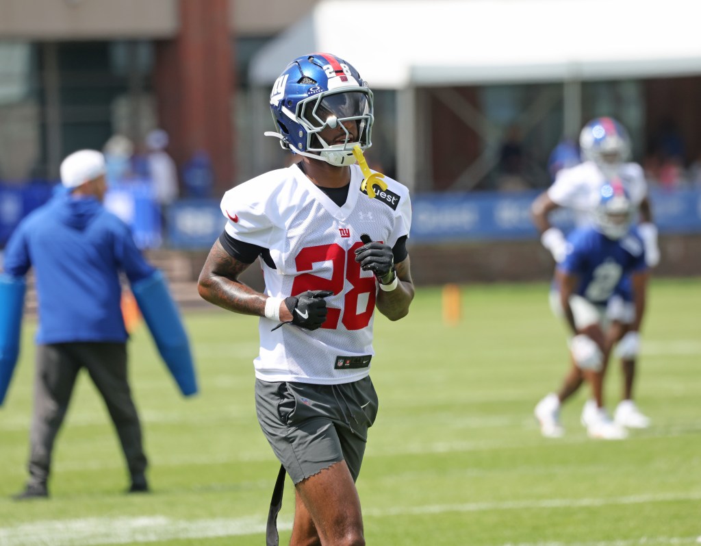 7/23/25 - New York Giants cornerback Cor'Dale Flott #28, during practice at the Giants training facility in East Rutherford, NJ.