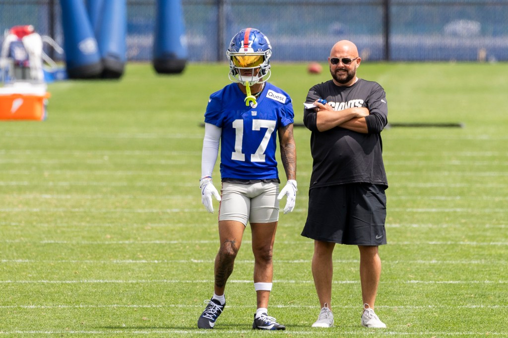 New York Giants head coach Brian Daboll and wide receiver Wan'Dale Robinson at camp.