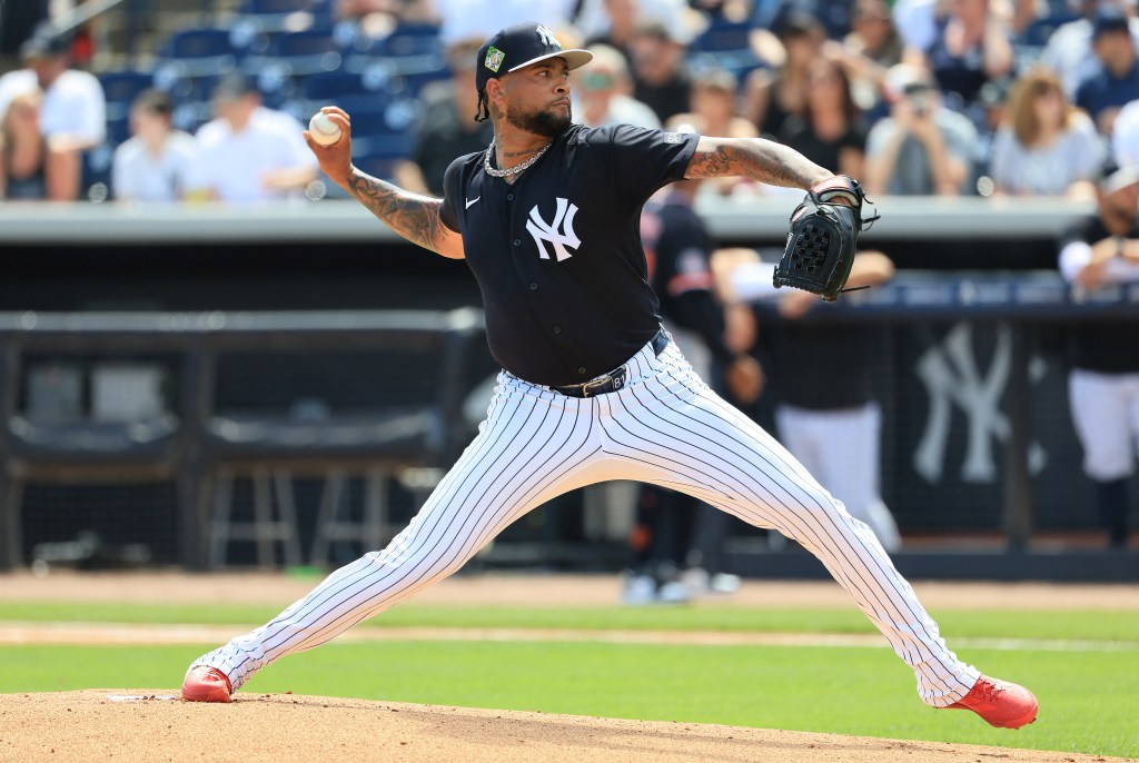 Luis Gil pitches during the Yankees-Tigers spring training game on March 15, 2026. 