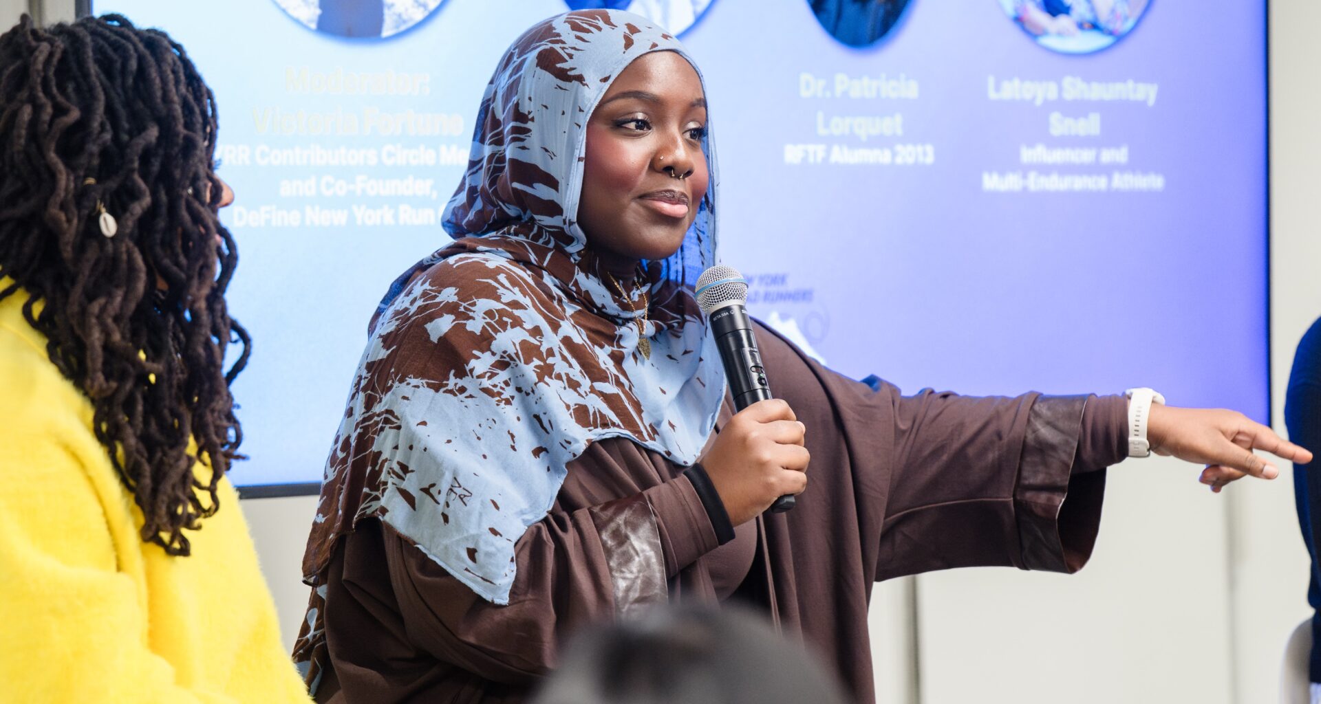 Safiatu Diagana speaking on a panel for National Girls and Women in Sports Day and NYRR offices February 4, 2026.