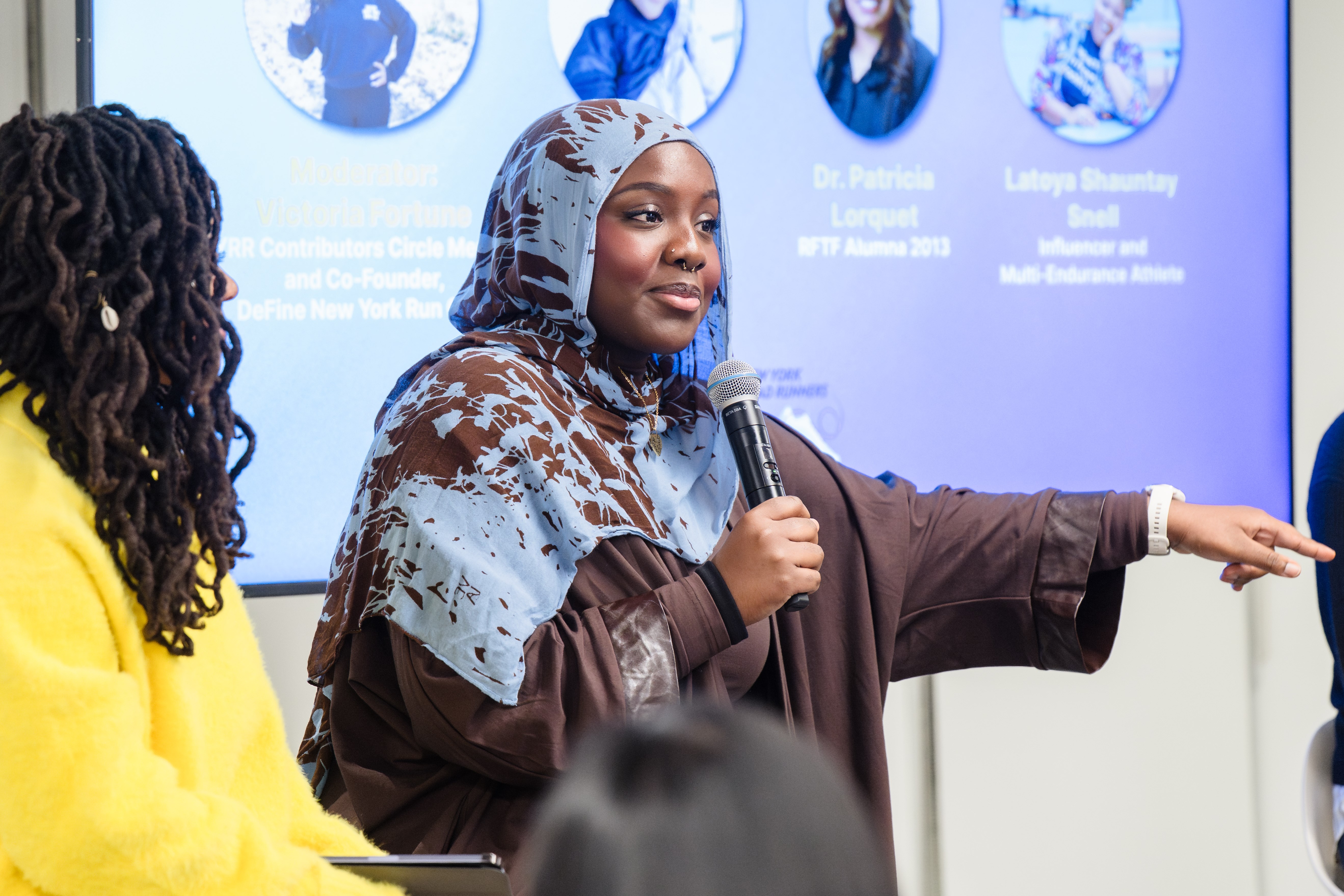 Safiatu Diagana speaking on a panel for National Girls and Women in Sports Day and NYRR offices February 4, 2026.