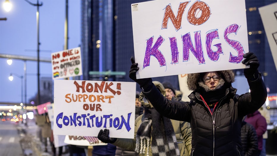 Detroit, Michigan, 17 February 2025, People say 'No Kings on Presidents Day' in response to what they say are President Trump's and Elon Musk's undemocratic actions. The event was organized by 50501.. (Photo by: Jim West/UCG/Universal Images Group via Getty Images)