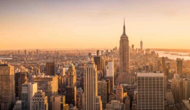New York City skyline panorama at sunset