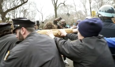 An image from video of clashes outside Gracie Mansion.