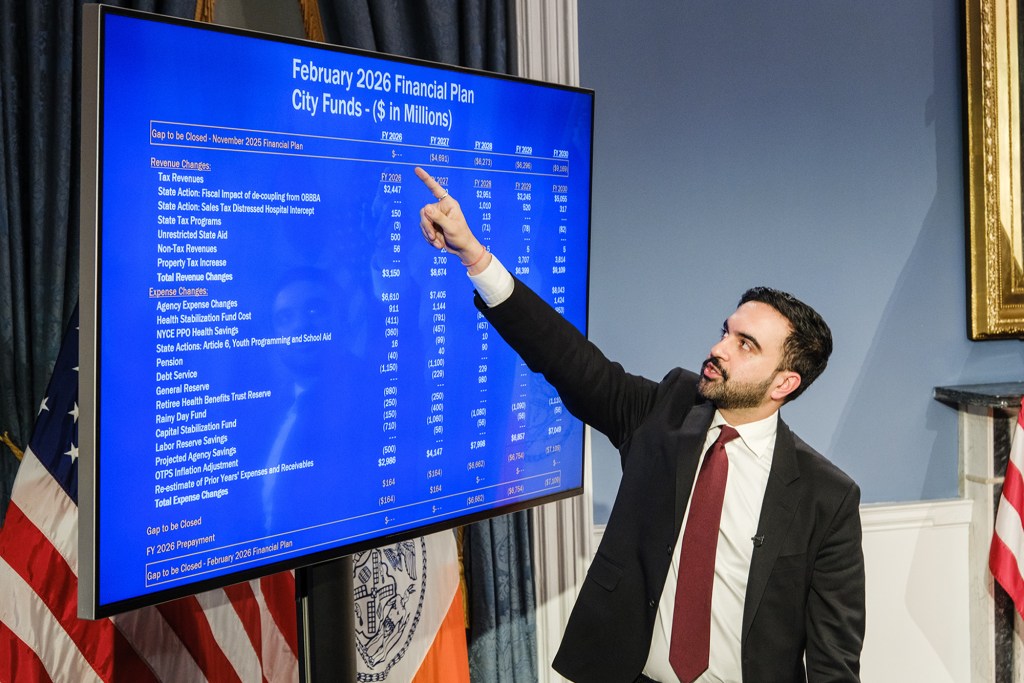 Man in a suit pointing at a large screen displaying the February 2026 Financial Plan for NYC City Funds.