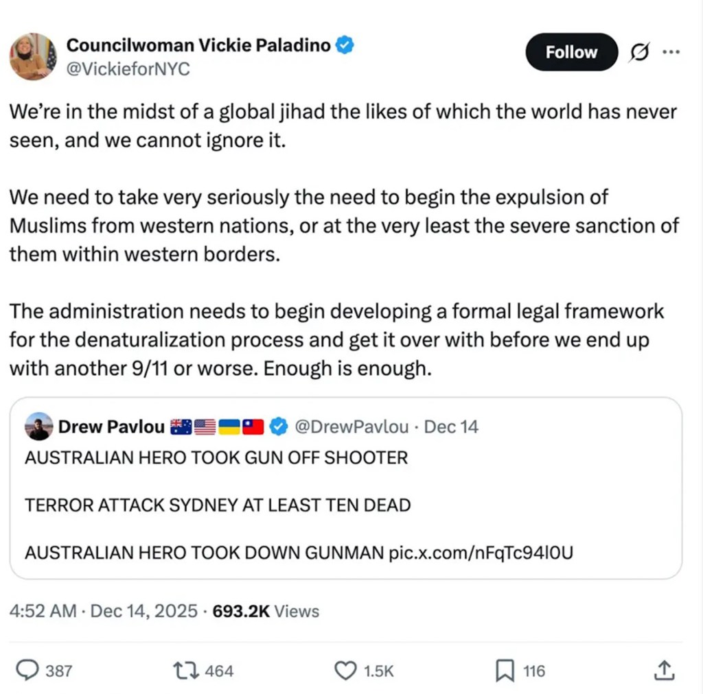 Screenshot of a tweet by Councilwoman Vickie Paladino calling for the expulsion of Muslims from Western nations, citing a "global jihad" and an embedded tweet about a "terror attack Sydney."