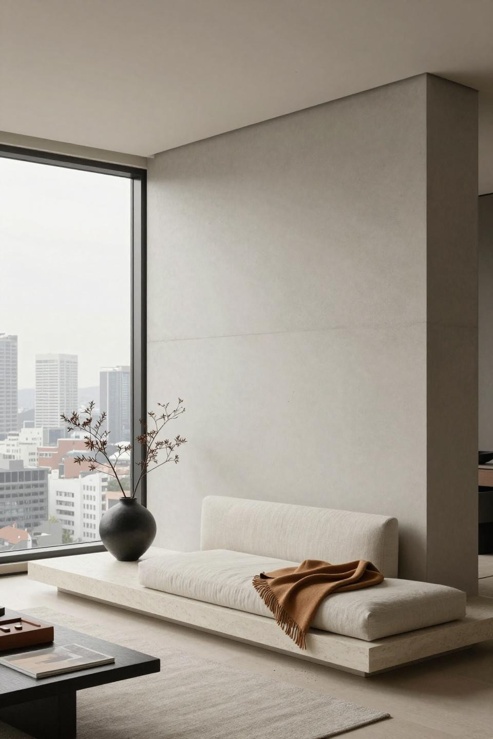 Nyc Penthouse Luxury - monolithic concrete wall with white oak sofa