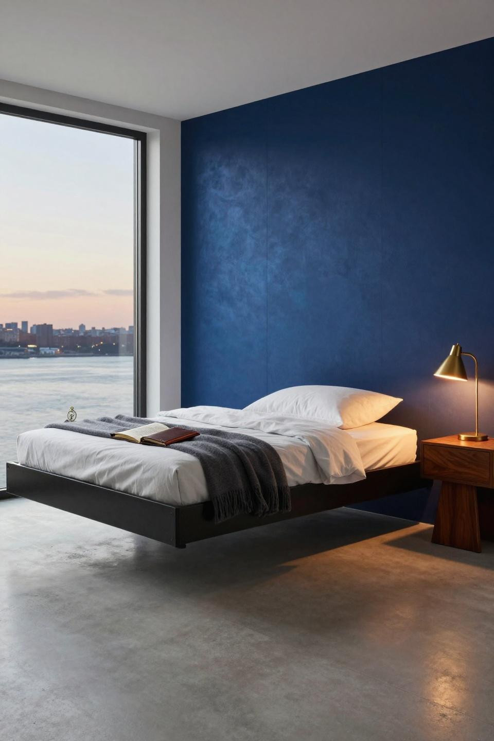 Korean Penthouse Luxury - suspended steel bed frame with midnight blue silk