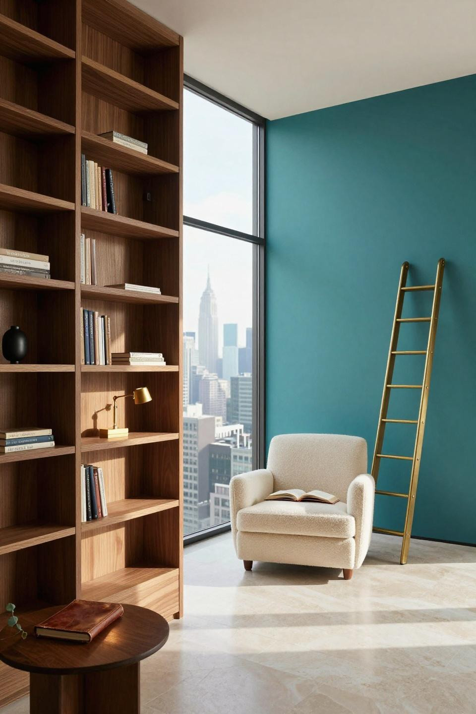 New York Penthouse Luxury - floor-to-ceiling walnut shelving with navy accent wall
