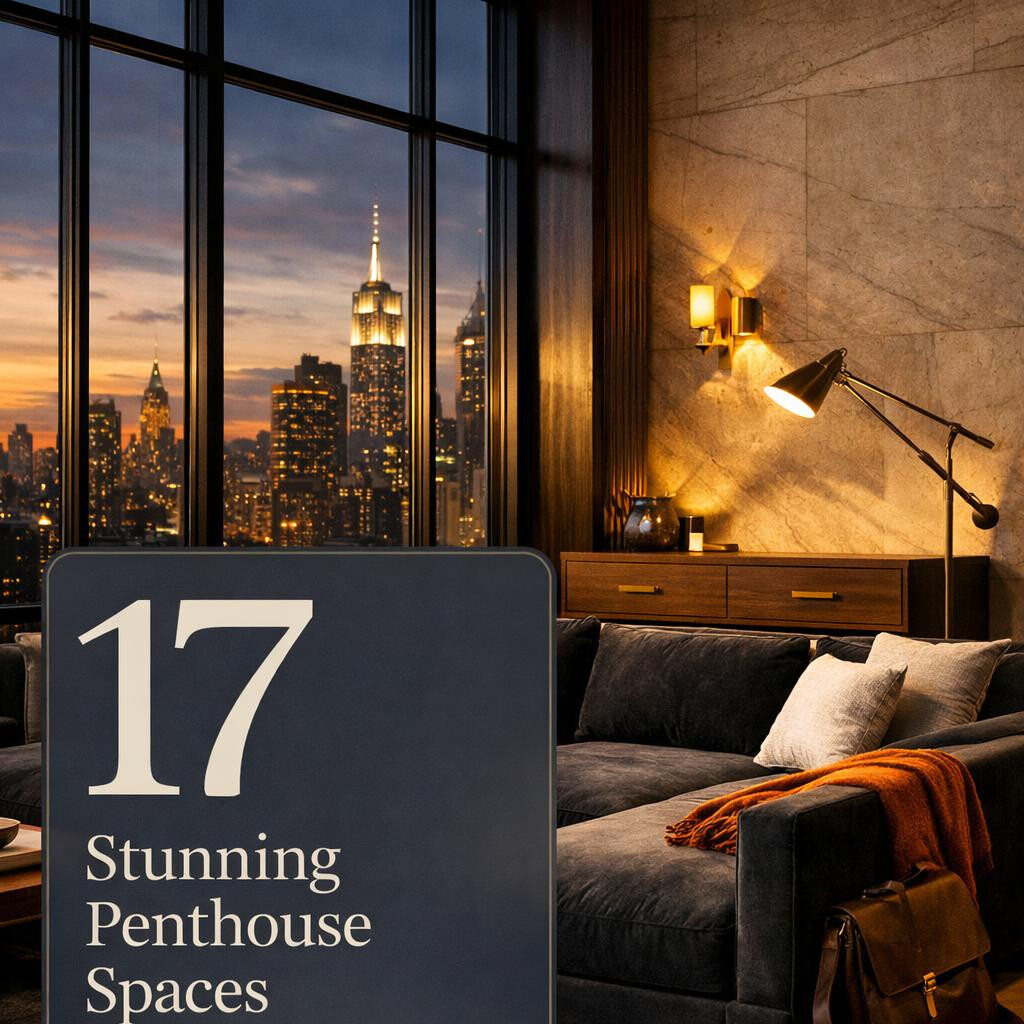 Sophisticated Manhattan penthouse living room featuring charcoal velvet sectional, blackened steel windows, walnut console, brass lighting, and twilight skyline views