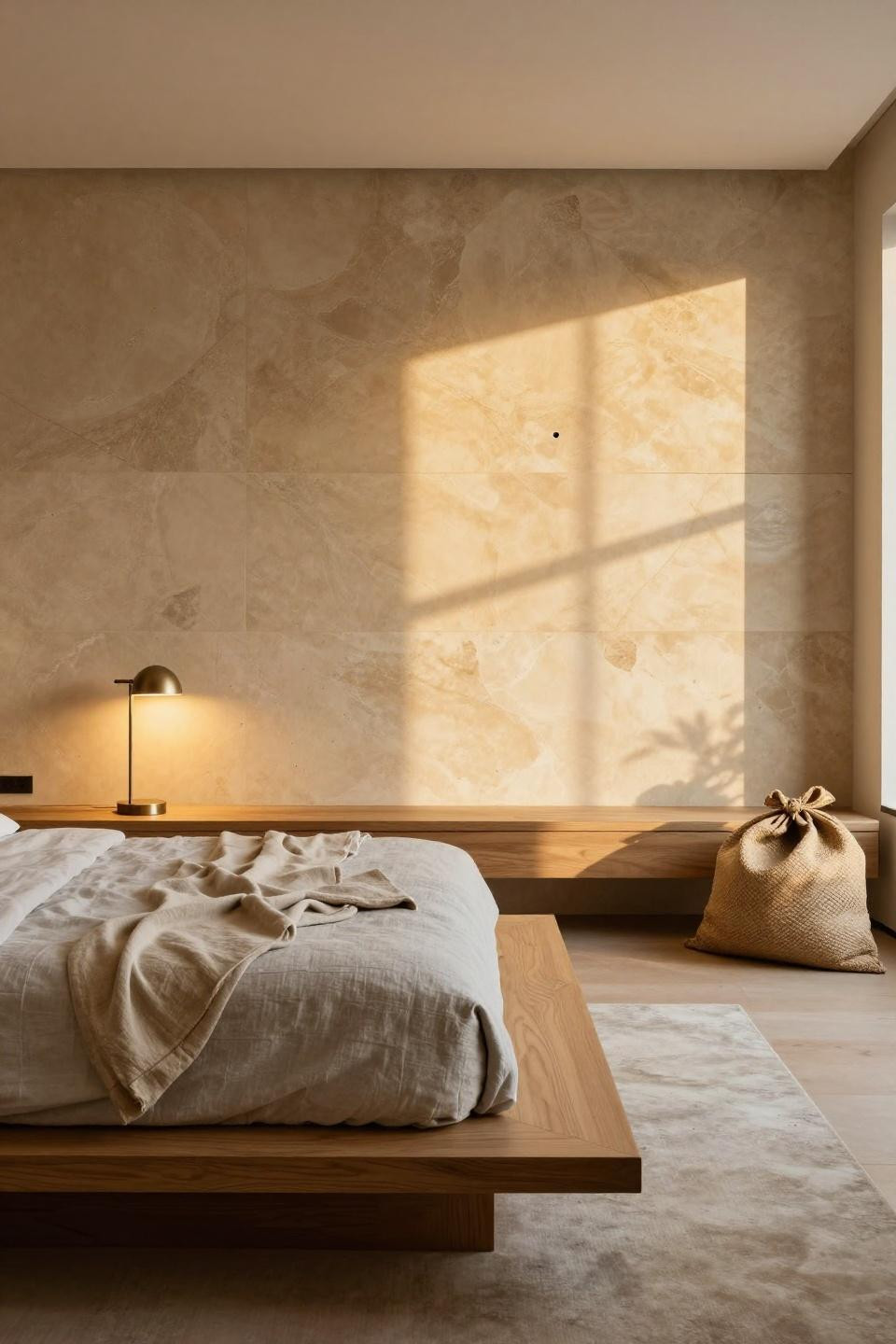 Nyc Penthouse Aesthetic - travertine wall with floating walnut shelf