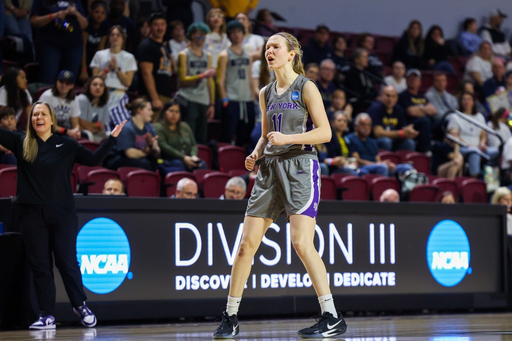 Caroline Peper is pictured during a March 2025 game for NYU.