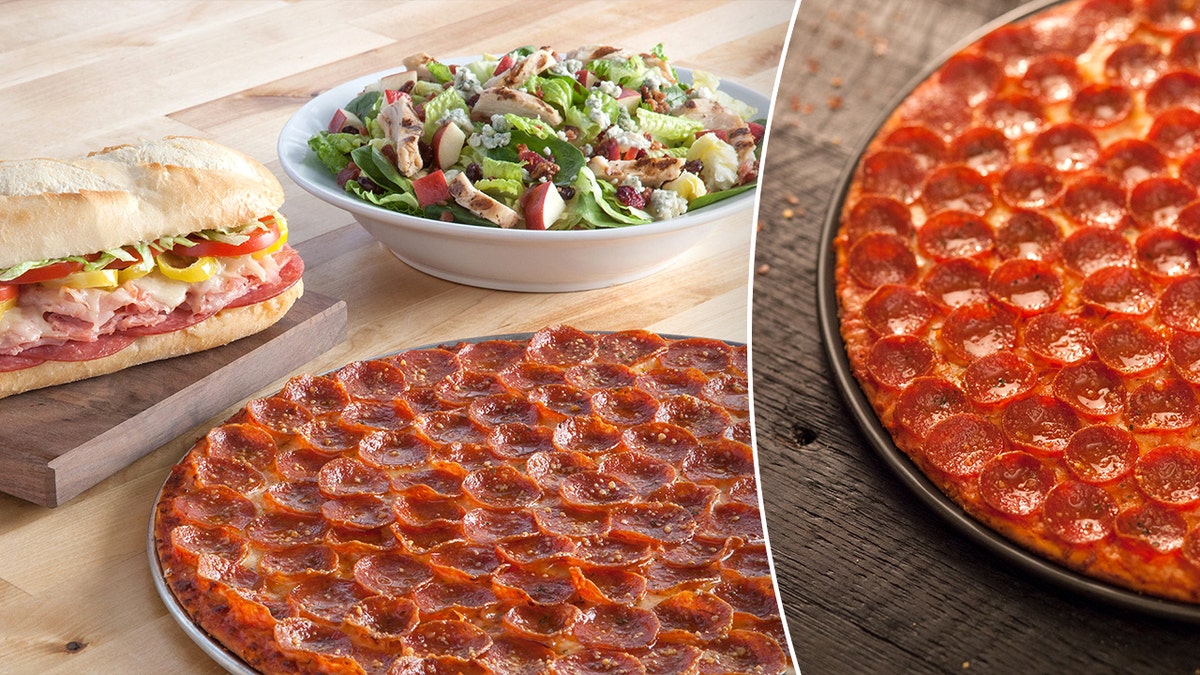Split image of pepperoni pizza, other offerings from Donatos