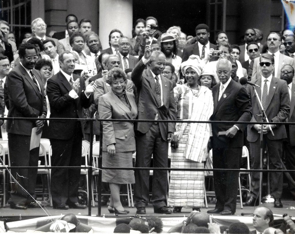 Then-Mayor David Dinkins gives Nelson Mandela a key to the city in 1990.