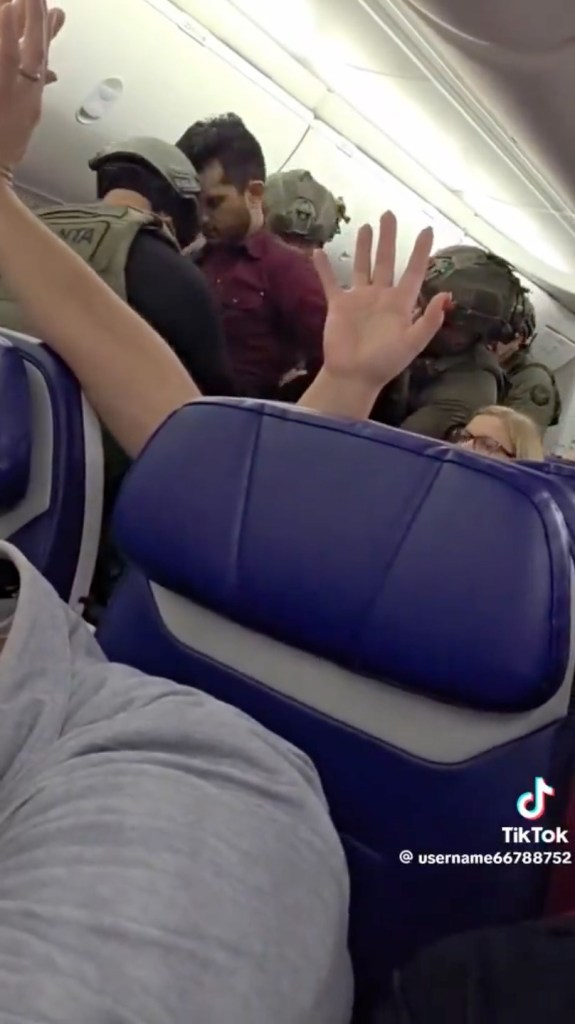 A man in a red shirt being detained by men in tactical gear on an airplane.