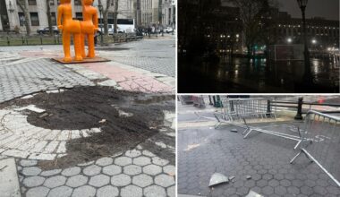 Historic NYC plaza left in abysmal disrepair with destroyed pavement, defective lights