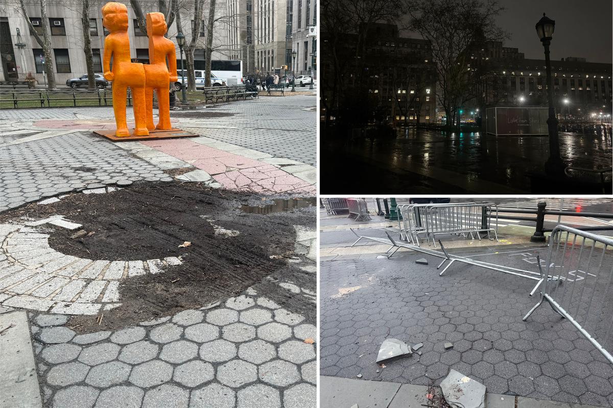 Historic NYC plaza left in abysmal disrepair with destroyed pavement, defective lights