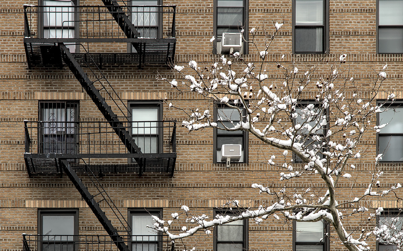 A brick NYC residential rental building with black metal fire escapes and several windows. In front, a tree with bare branches is covered in patches of snow, while a couple of air conditioning units sit in the windows.