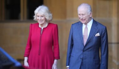 Queen Camilla wears Fiona Clare to bid farewell to the President and First Lady of Nigeria on March 19 in Windsor, England.