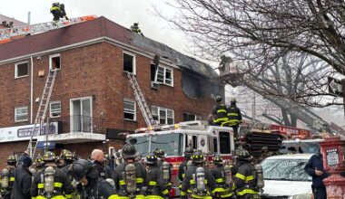 Just before 12:30 p.m., a call was made for a fire at 44-49 College Point Boulevard between Avey and Pople avenues in a three-story apartment building in Flushing, officials said. (Spectrum News NY1/Kenneth Kaplan)