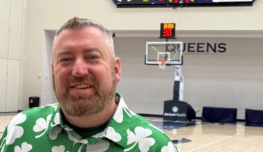 Queens University men's basketball coach Grant Leonard talks to the media on Tuesday, March 17, 2026, at the Levine Center's Curry Arena i Charlotte, N.C., as his team prepares for their first round NCAA Tournament game against No. 2 seed Purdue. (AP Photo/Steve Reed)