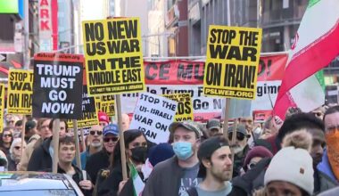 New Yorkers flood Times Square to protest military strikes in Iran