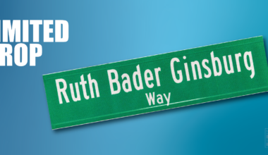 Green and white Ruth Bader Ginsburg street sign. N Y C D O T limited drop.