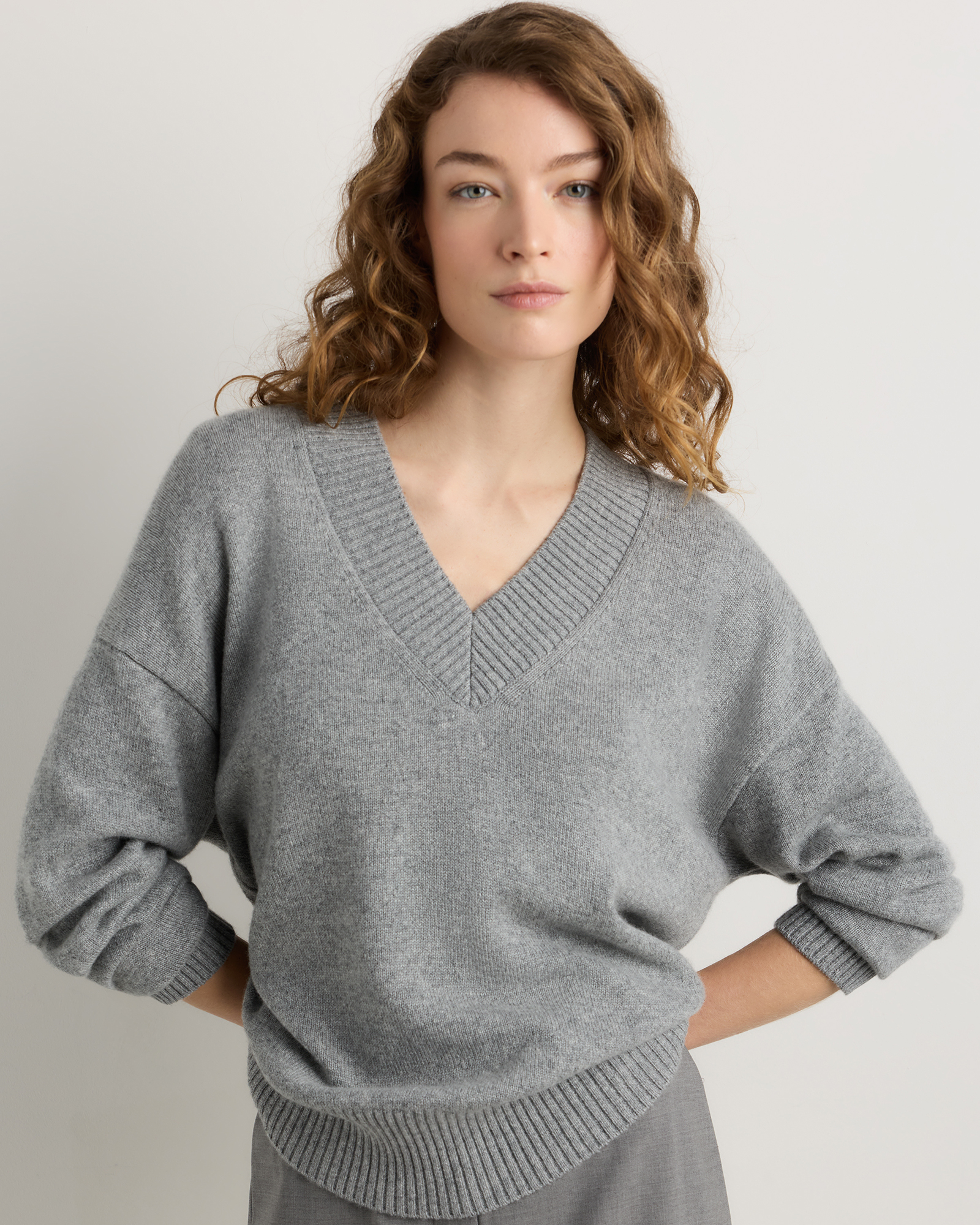 Mongolian Cashmere Oversized V-Neck Sweater in Heather Grey