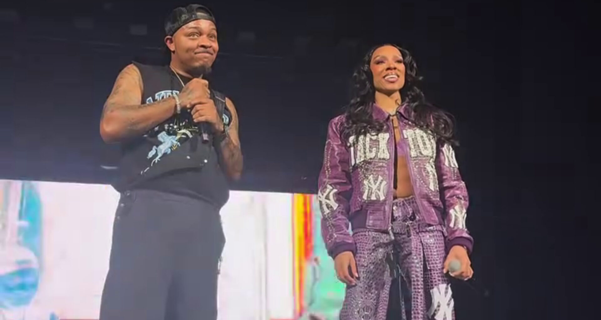 (L) Lil Mama in a white outfit holding a bouquet. (R) Bow Wow in a black T-shirt, smiling on stage.