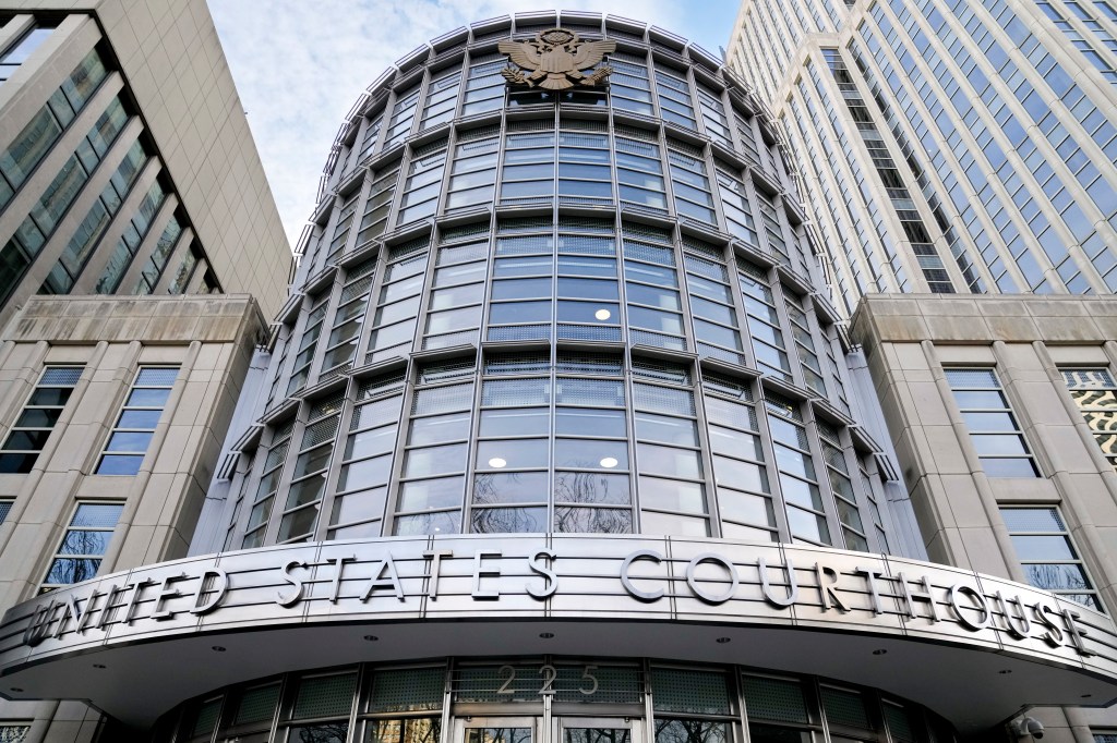 The seal of the United States is displayed on the facade of Federal court in Brooklyn