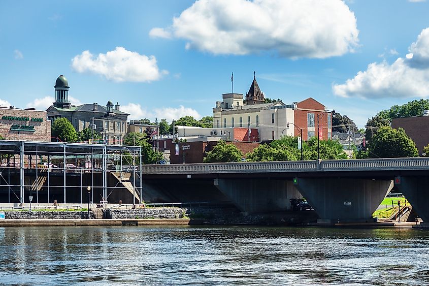 View from the riverwalk in downtown Oswego, New York. 
