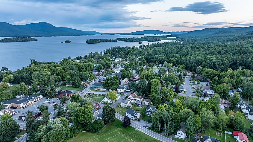  Aerial view of Bolton Landing and Lake George area in New York.
