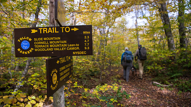 Two hikers walk along a forested trail in autumn. A wooden sign indicates distances to various mountains in the Catskills.