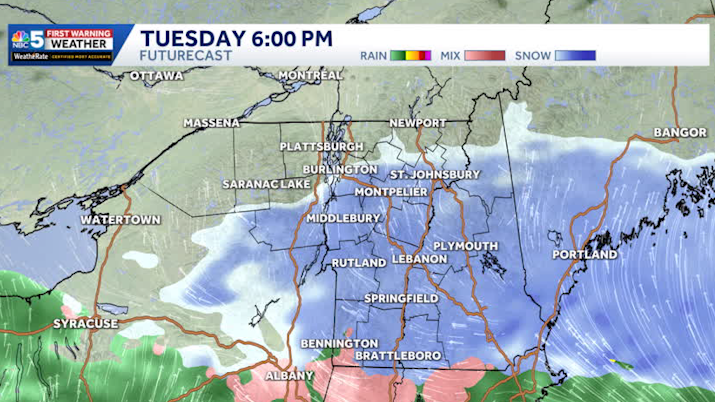 Hourly snow timing for March 3, 2026 in Vermont, New York