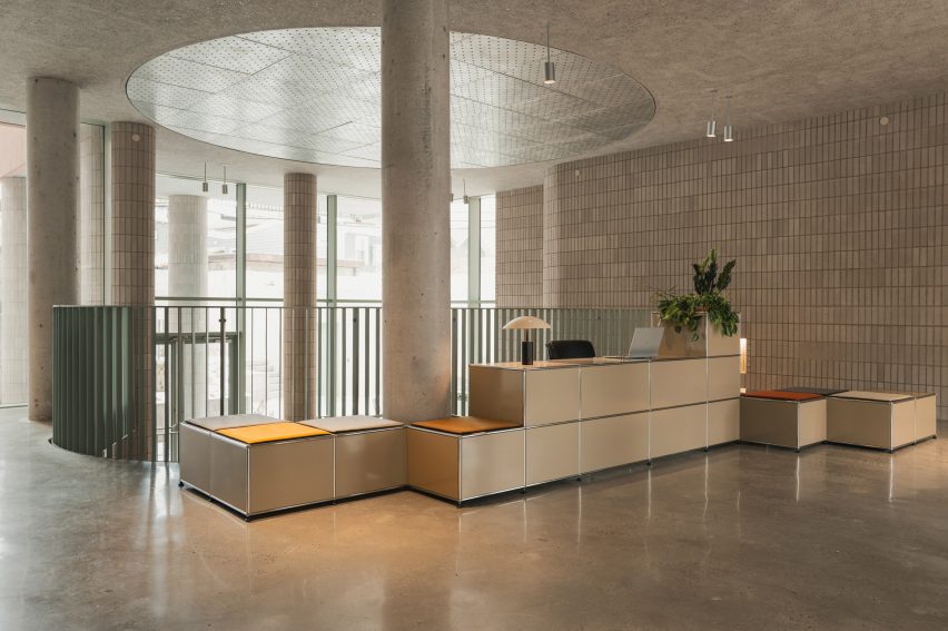 SO-IL pink concrete building in Brooklyn lobby