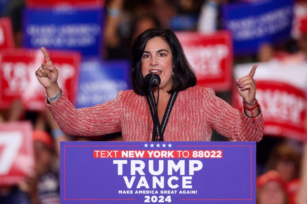FILE PHOTO: U.S. Rep. Nicole Malliotakis (R-NY) speaks at the Nassau Veterans Memorial Coliseum during a rally held by Republican presidential nominees and former U.S. President Donald Trump, in Uniondale, New York, U.S., September 18, 2024. REUTERS/Brendan McDermid/File Photo