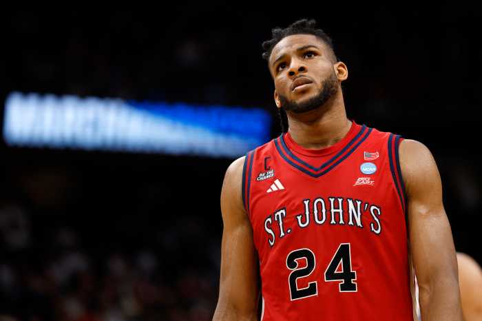Mar 27, 2026; Washington, DC, USA; St. John's Red Storm forward Zuby Ejiofor (24) reacts after losing to Duke Blue Devils during a Sweet Sixteen game of the East Regional of the men's 2026 NCAA Tournament at Capital One Arena. 