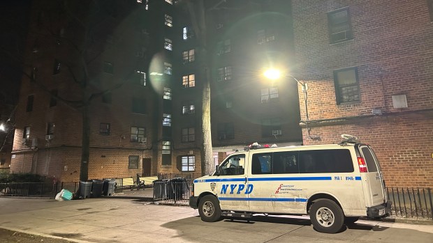 A police van sits outside of Brooklyn's Sheepshead Bay Houses where a 16-year-old was shot in the chest in his fourth floor apartment on March 23, 2026.