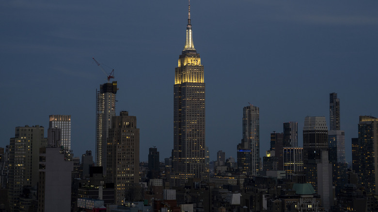 The New York City skyline at night.