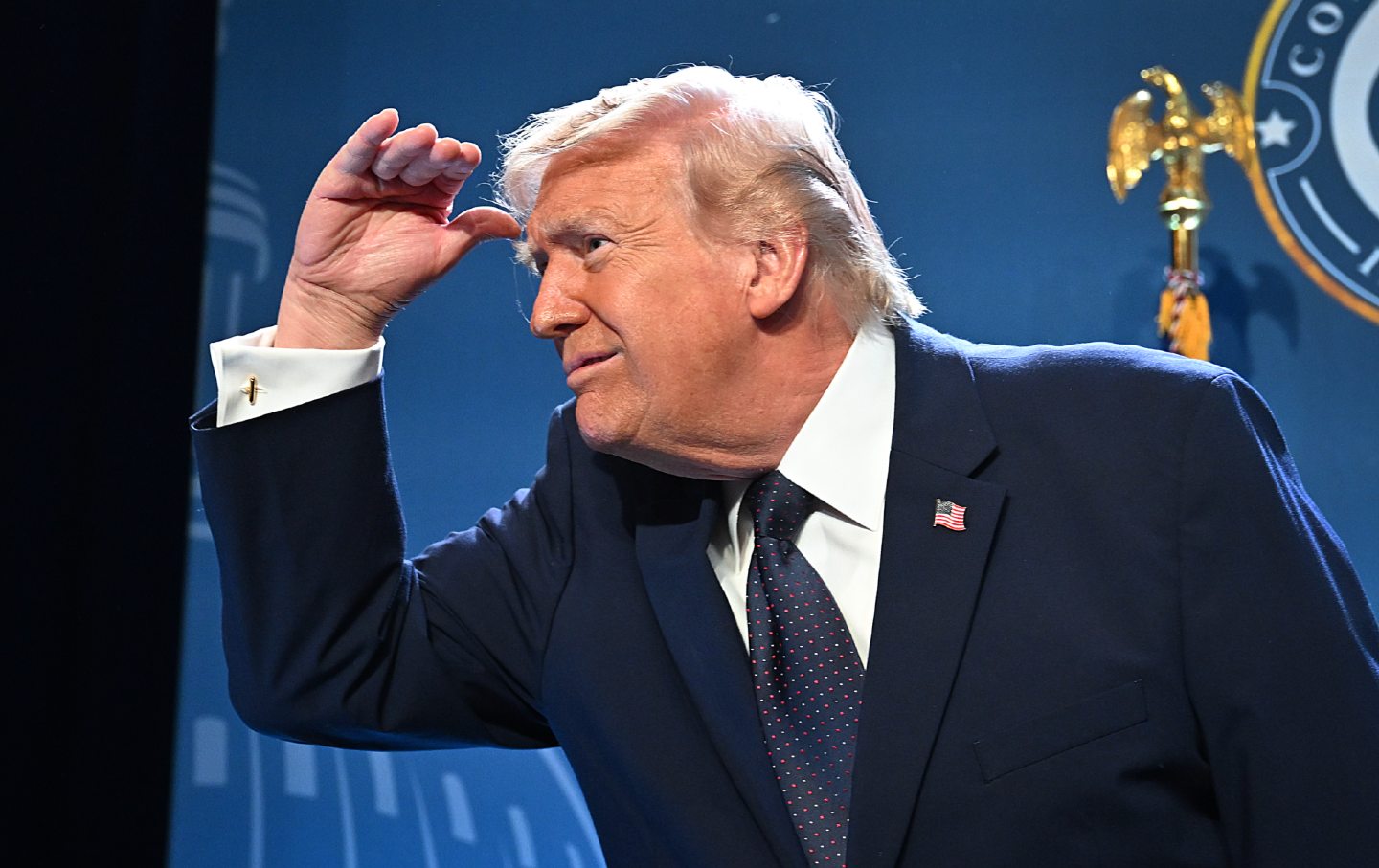 President Donald Trump leaves the stage after speaking to the Republican Members Issues Conference at Trump National Doral Miami on March 9, 2026, in Doral, Florida.