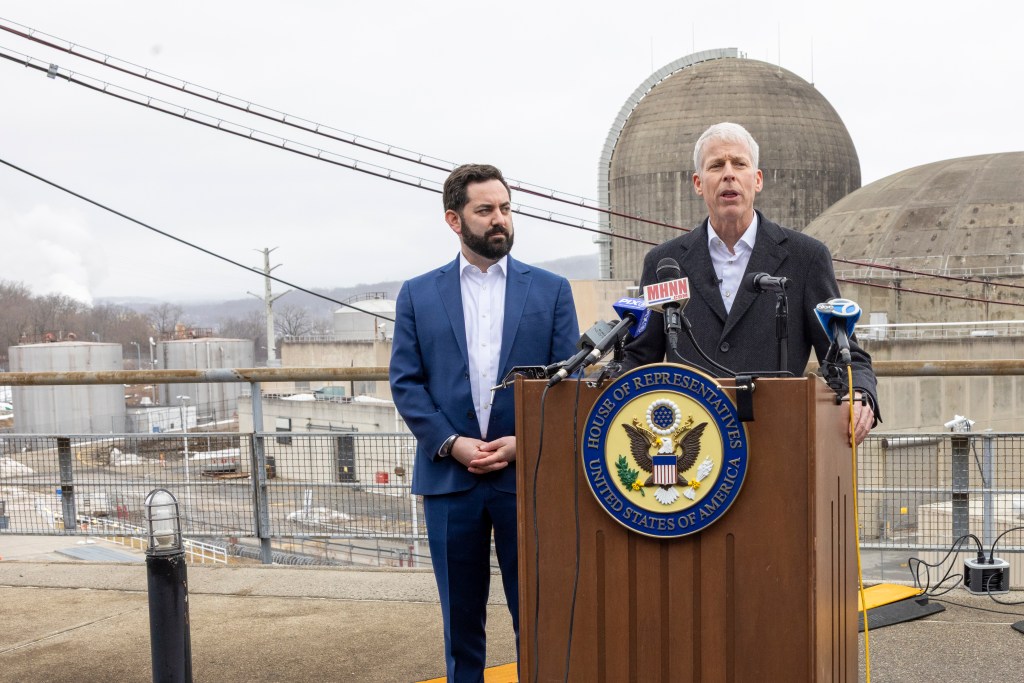 US Rep Michael Lawler, secretary of energy Chris Wright, and Chief Executive Officer, Holtec International
Chair of the Advisory Board, Holtec Internationa Kris Singh all speak at a press conference at Indian point nuclear facility in New York where they proposed to rebuild the facility instead of tearing it down and building new facilities, upstate. 