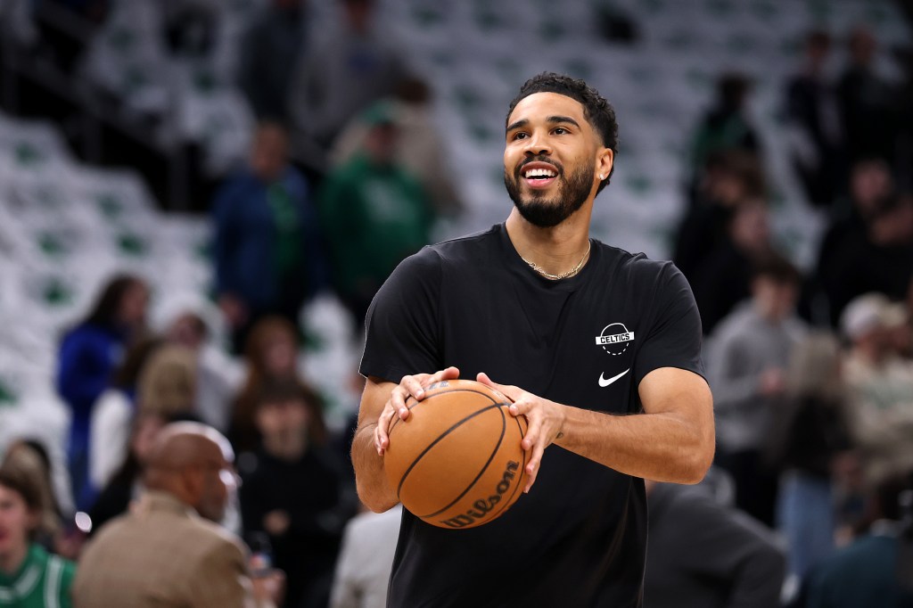 Jayson Tatum #0 of the Boston Celtics warms up before the game against the Dallas Mavericks at TD Garden on March 06, 2026.