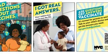 Mother and child with doctor. Text reads: I had questions about vaccines. I got answers.