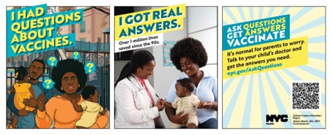 Mother and child with doctor. Text reads: I had questions about vaccines. I got answers.