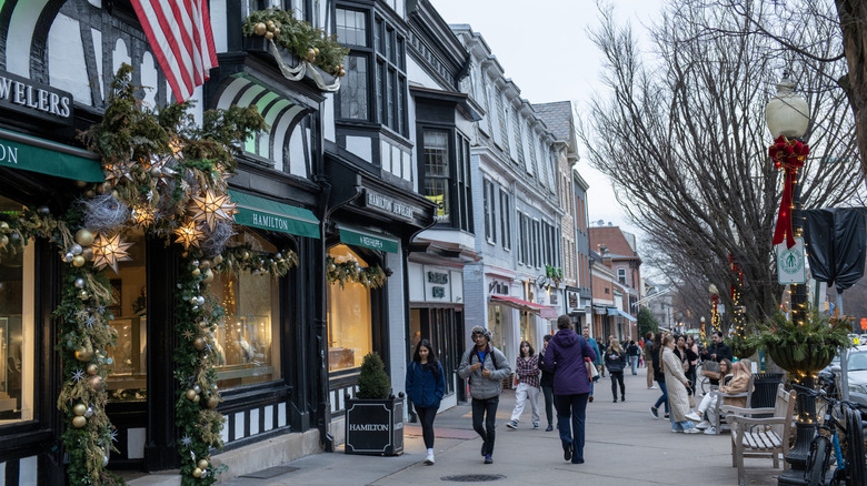 People walking on sidewalk in downtown Princeton, New Jersey
