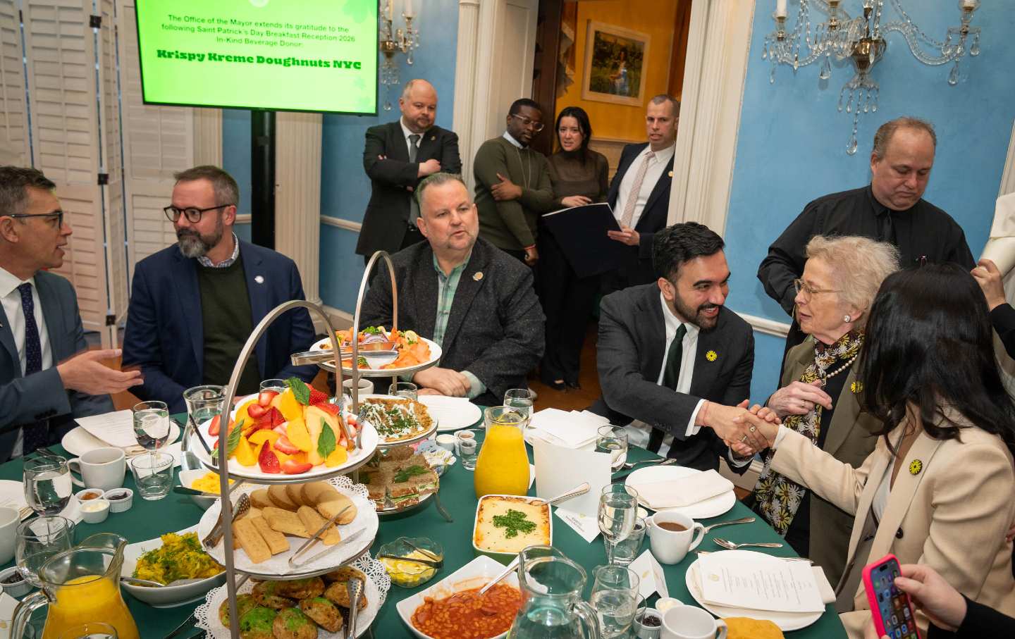 New York City Mayor Zohran Mamdani sits next to former Irish president Mary Robinson at a St. Patrick’s Day breakfast at Gracie Mansion on March 17, 2026.
