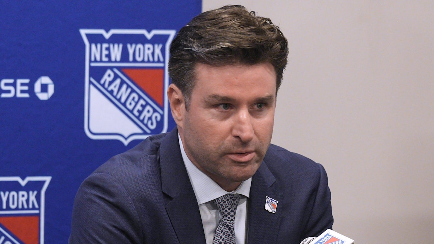 NY Rangers president and general manager Chris Drury speaks during a press conference to introduce new head coach Mike Sullivan at the MSG Training Center in Tarrytown, New York May 8, 2025.